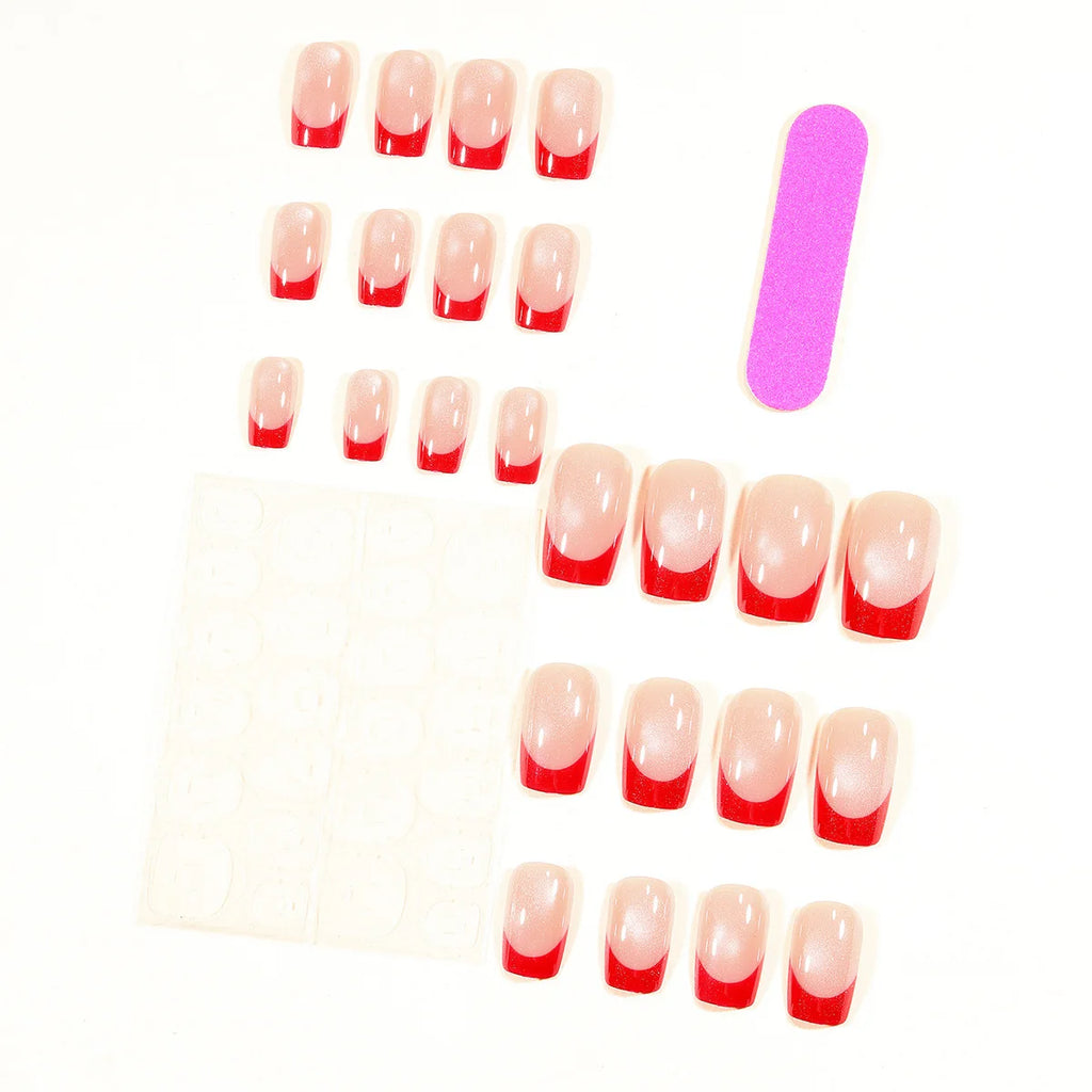 Medium fake nails for women Nude red square nail tips french style glossy cat eyes full cover press on false nail art set