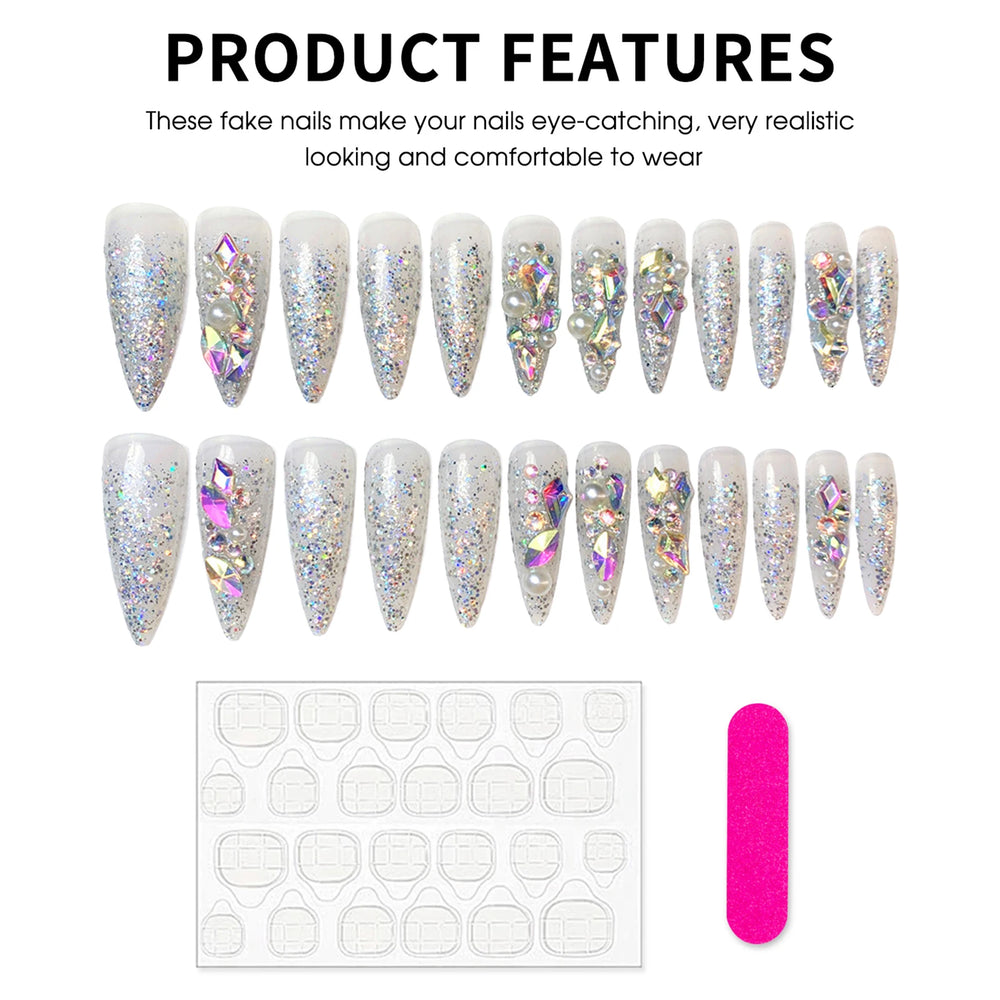 Full Rhinestone Sparkle Press-On Nails – Long Coffin, 24 Pcs