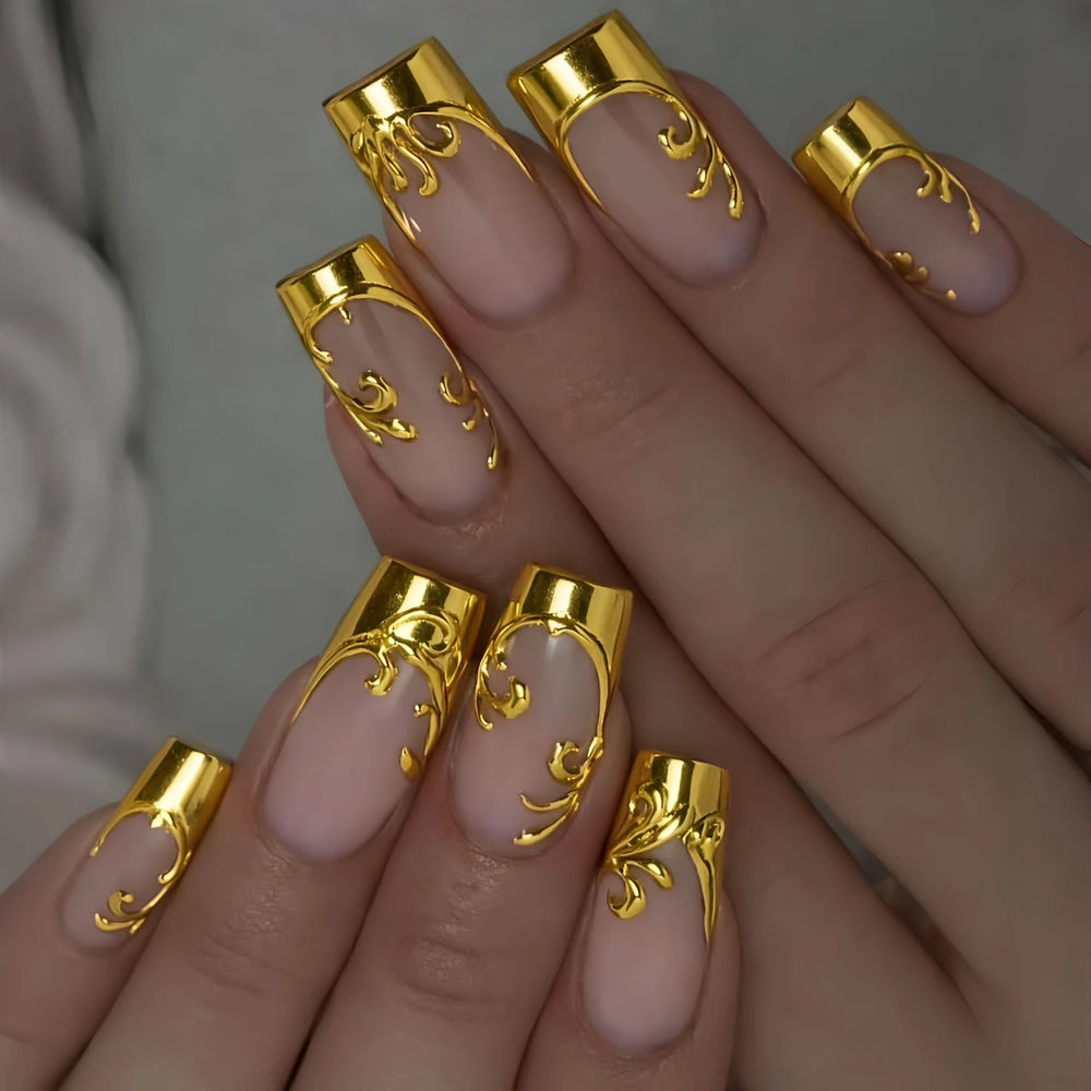 Nude Gold 3D Gilded Floral Press-On Nails – Medium Square