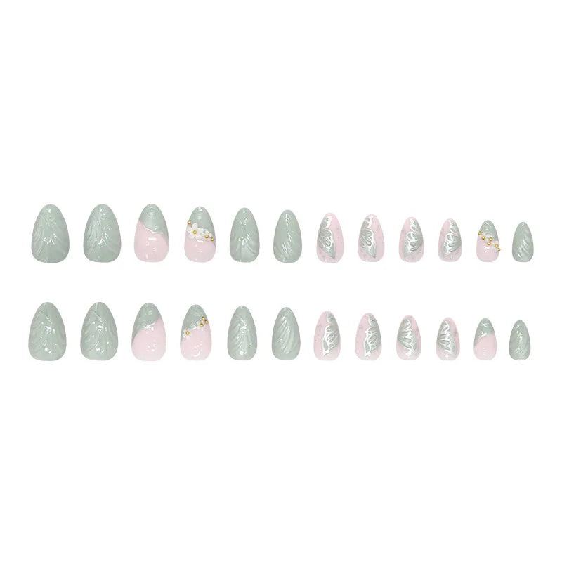 Short fake nails  for women nude green almond nail tips with 3D white flowers design full cover reusable press on false nail