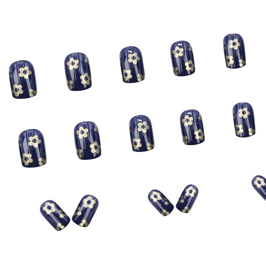 Short Square Fake Nails for Women Girls Spring Summer Flowers in Deep Blue Golden Colors Full Cover Press On Acrylic False Nail