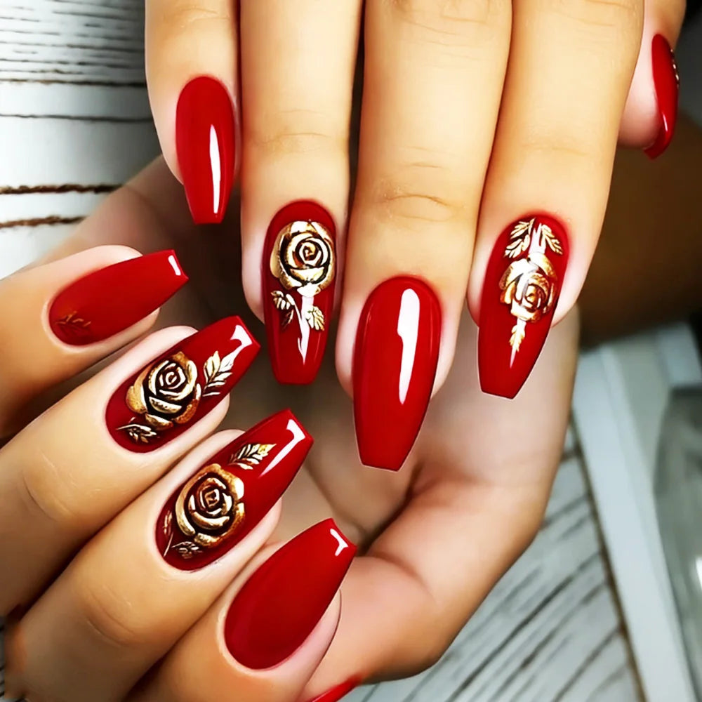 Medium Long Fake Nails for Women Golden Gilding Rose Flowers Blue Red Square Ballet Full Cover Nail Tips Press On False Nail Art