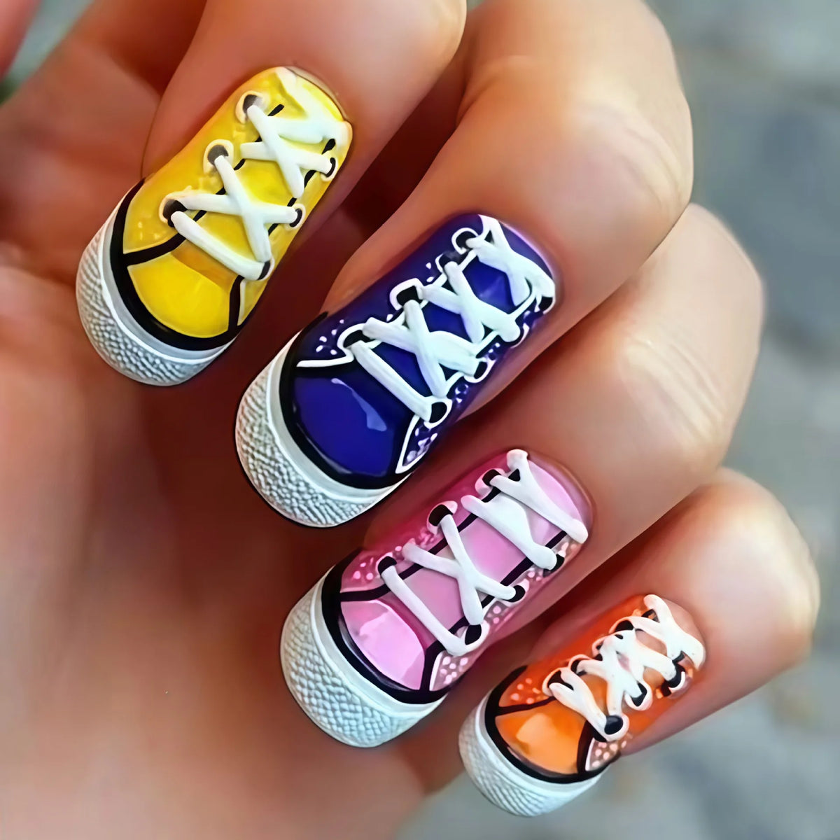 24pcs/set Medium fake nails for women Y2K blue orange pink red shoes print Square nail tips full cover acrylic press on nails