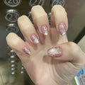 Medium long fake nails for women girls pink blue cat eyes glossy shimmer ballet almond nail tips full cover press on false nail