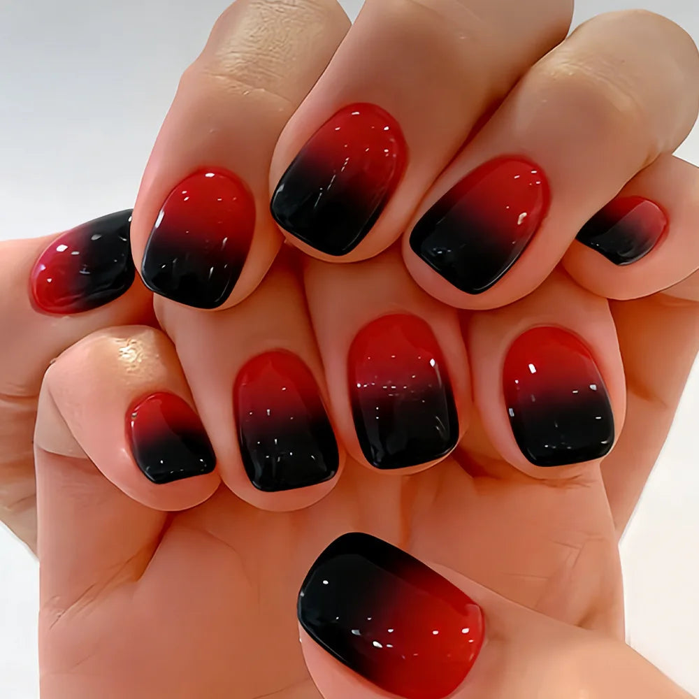 Short Square Fake Nails for Women Girls Gradient Black Purple Green Blue Red Colors Full Cover Manicure Press On False Nail Art