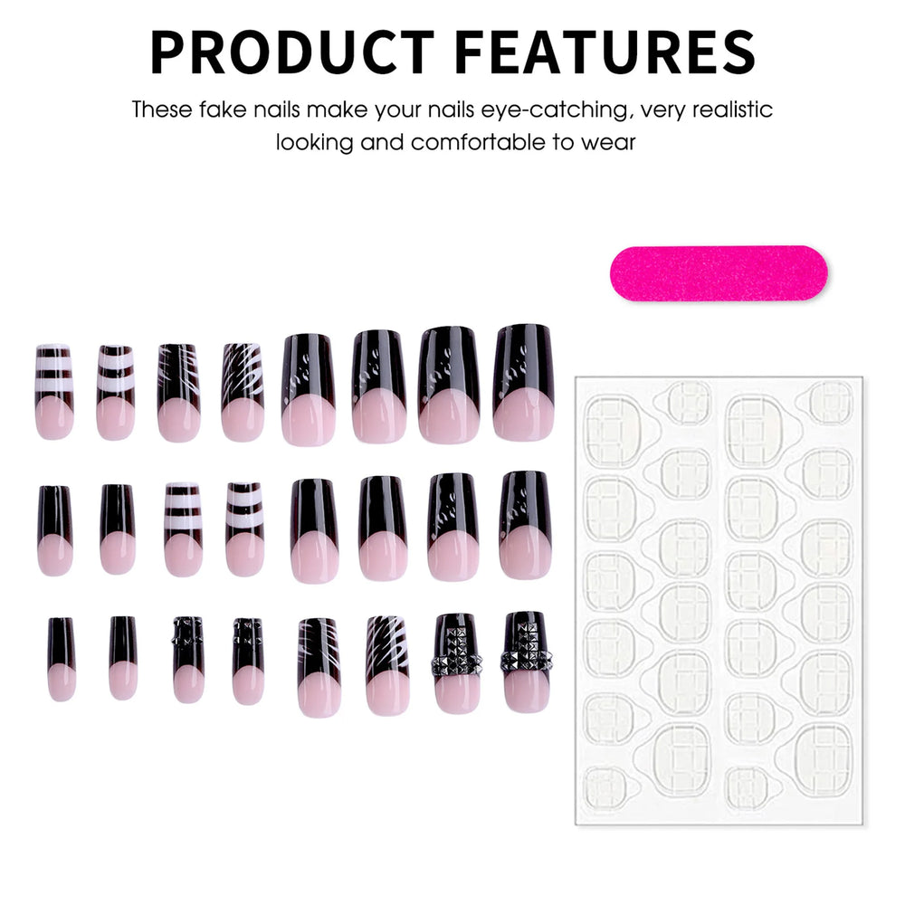 Dark Black French Metal Bow Press-On Nails – Almond, 24 Pcs