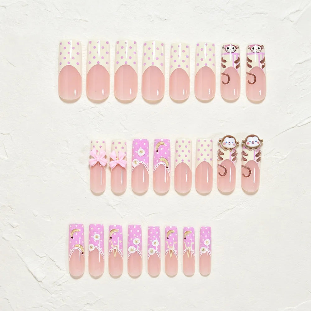 Pink & Yellow 3D Bow Monkey Banana Press-On Nails – Long Coffin, 24 Pcs