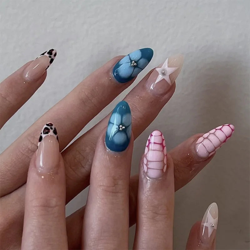 Leopard & Floral French Tip Press-On Nails – Almond, 24 Pcs