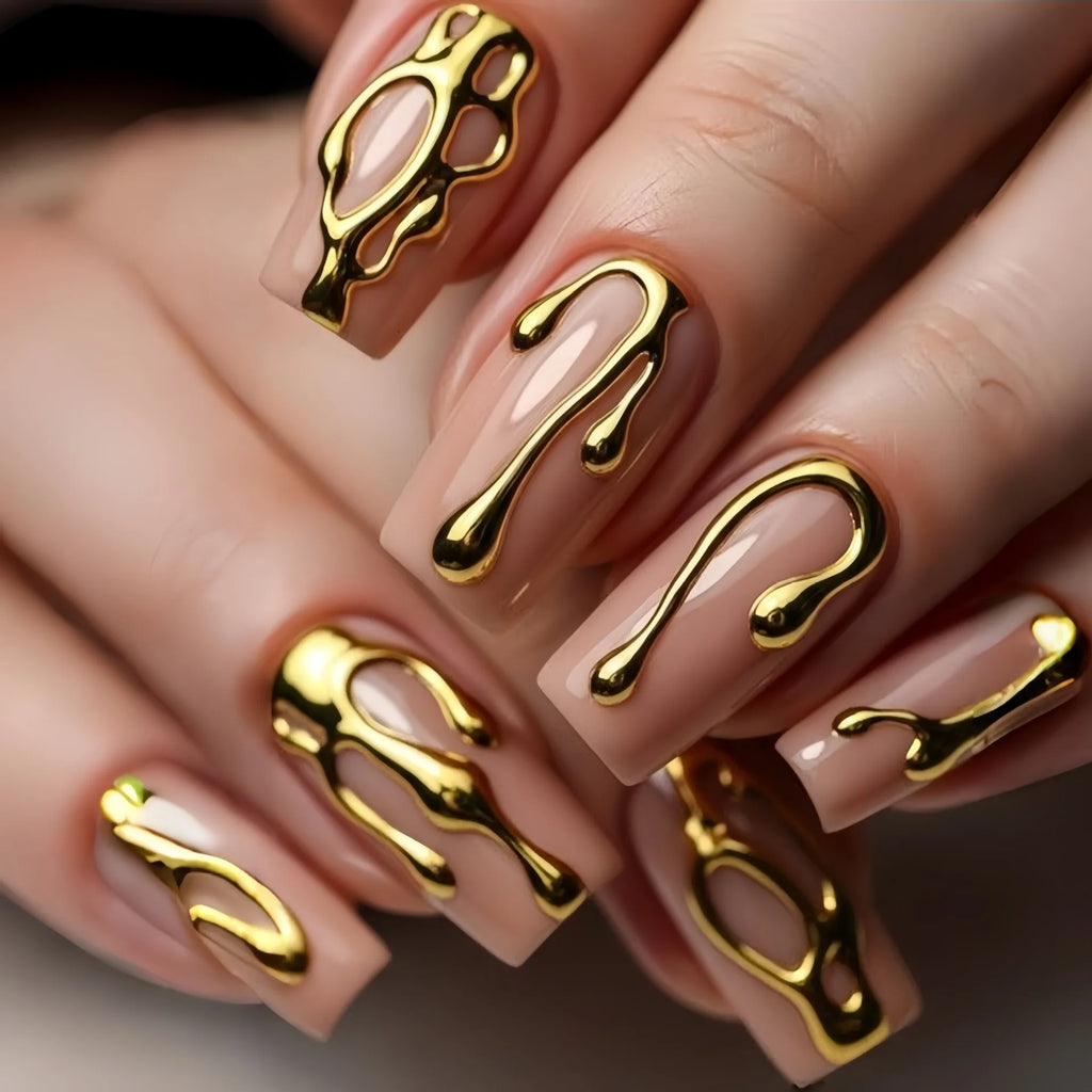 Medium long fake nails for women 3D golden gilding in nude quare nail tips full cover reusable press on Artificial Nails set