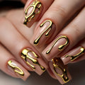 Medium long fake nails for women 3D golden gilding in nude quare nail tips full cover reusable press on Artificial Nails set