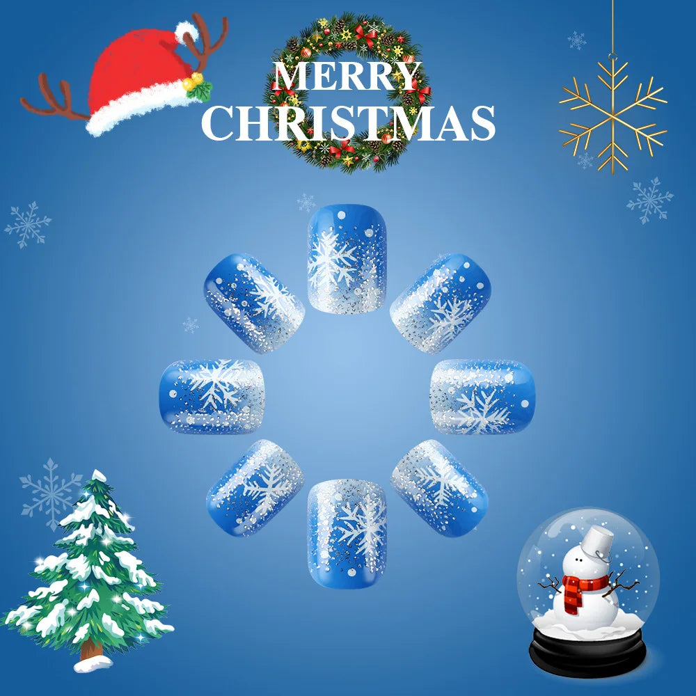 Snowflake Glitter Christmas Press-On Nails – Short Square, 24 Pcs