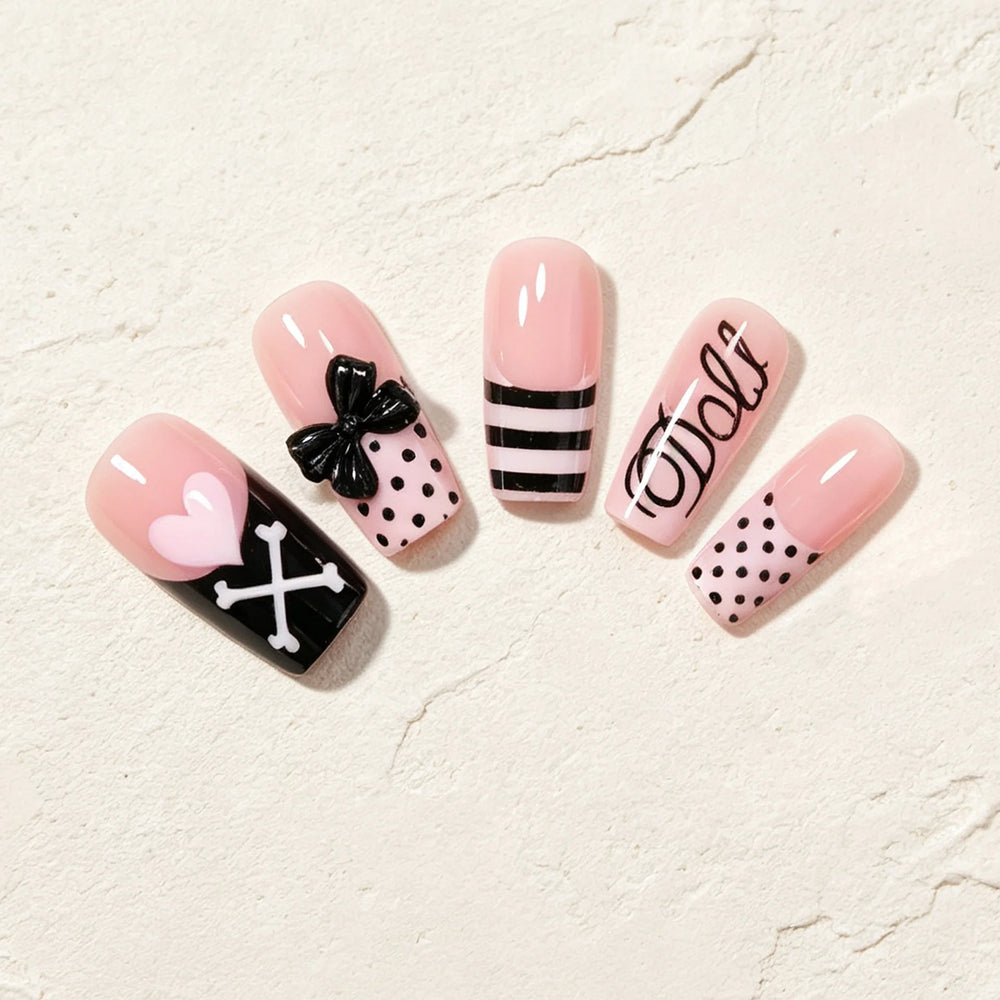 Black & White Polka Dot Bow Y2K Press-On Nails – Long Square, 24 Pcs