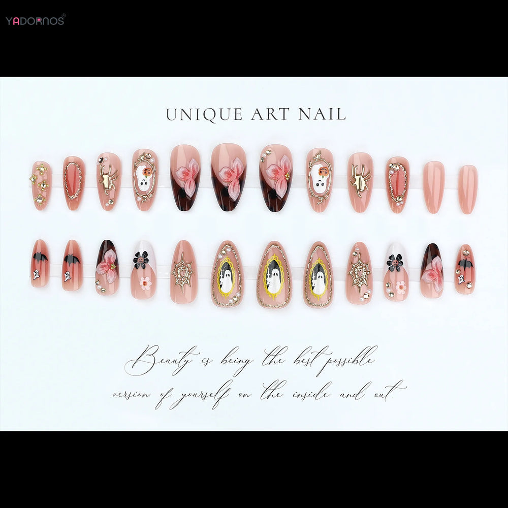 Pink Ghost & Pumpkin Halloween French Press-On Nails – Almond, 24 Pcs