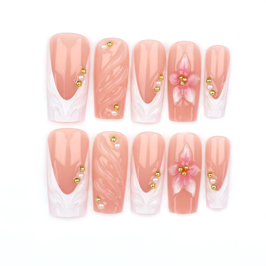 Medium Square fake nails for women 3D embossed flowers with rhinestones french style leopard print press on false nail art