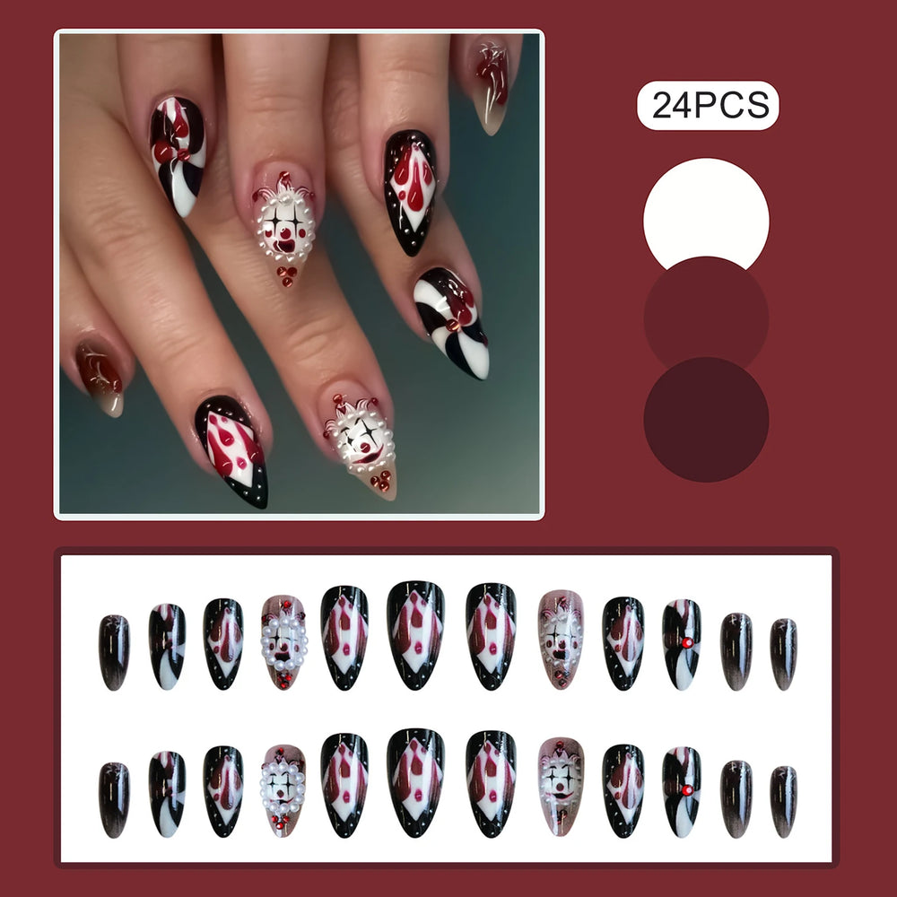 Circus Clown Ghost Halloween Press-On Nails – Long Stiletto, 24 Pcs