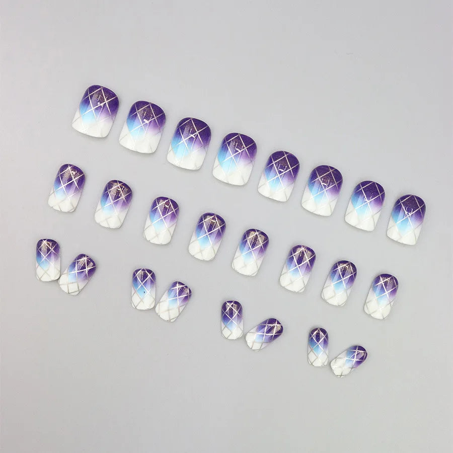 Blue Purple Gradient Silver Stripe Press-On Nails – Short Square