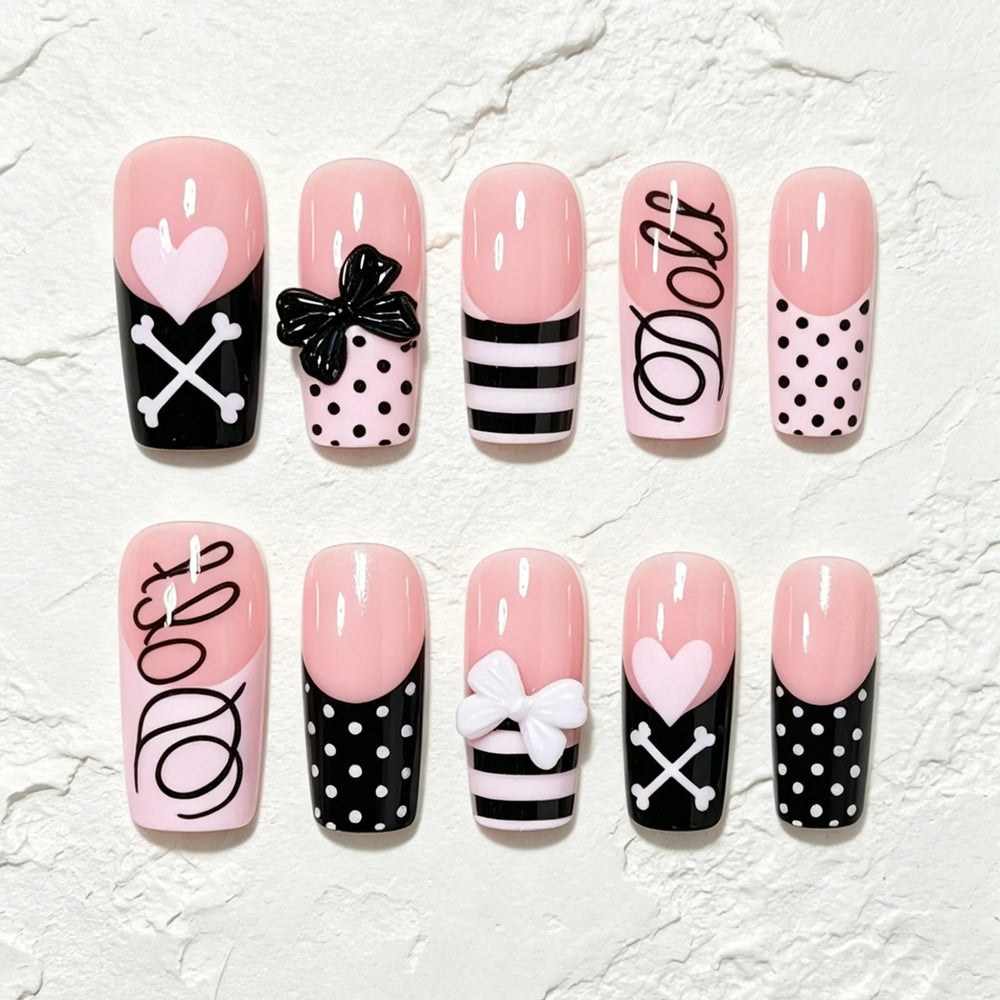 Black & White Polka Dot Bow Y2K Press-On Nails – Long Square, 24 Pcs