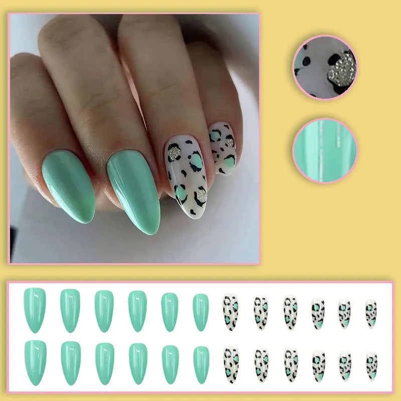 24pcs/set fake nails for women gilrs fresh light green leopard print Glossy almond nail tips full cover reusable press on nail