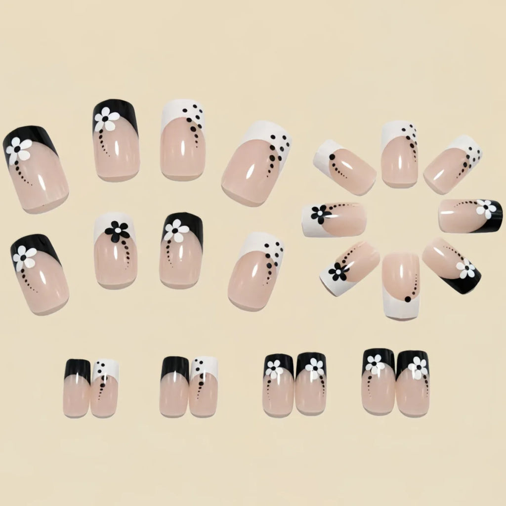 Medium fake nails for women girls French strips black white pink Square tips with flowers for Spring summer press on false nail