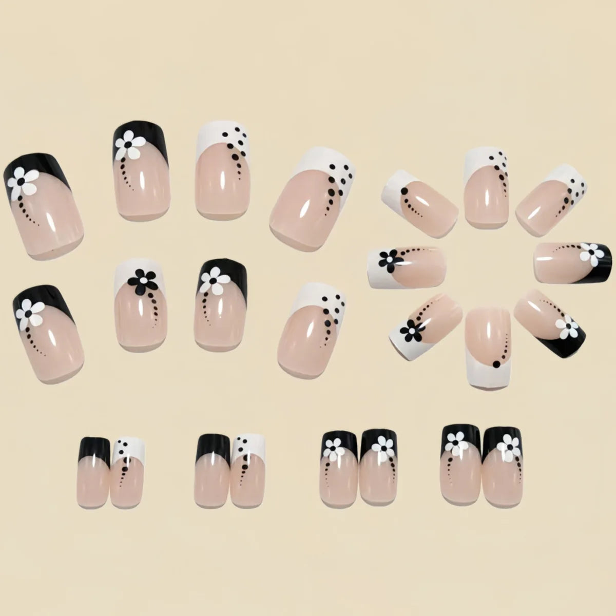 Medium fake nails for women girls French strips black white pink Square tips with flowers for Spring summer press on false nail