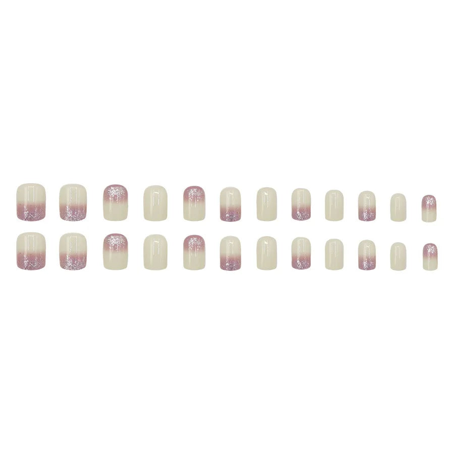 Short fake nails for women gilrs creamy white & brown colors with sparkling glitters Square shape full cover press on false nail