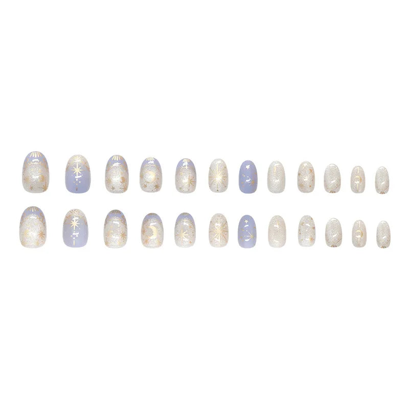 24pcs/set cat eyes fake nails for women Oval nail tips with moon star printing french style full cover press on false nails art