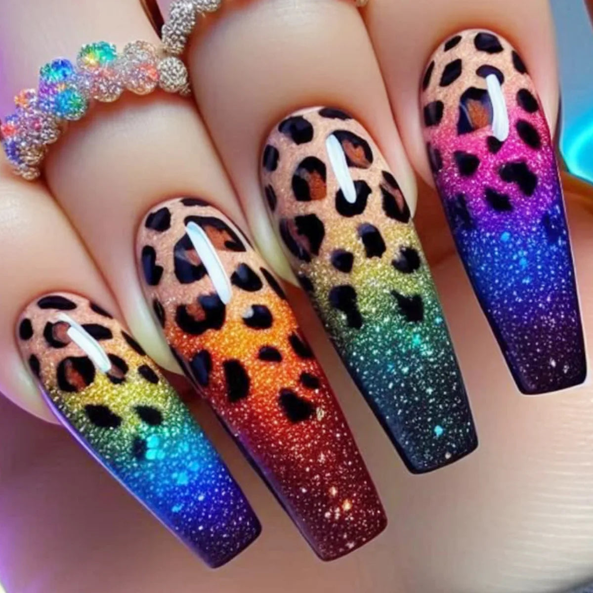 24pcs/set Medium Long Fake Nails for Summer Autumn Winter Leopard Print Y2K Gradient Square Ballet Tips Press On False Nails