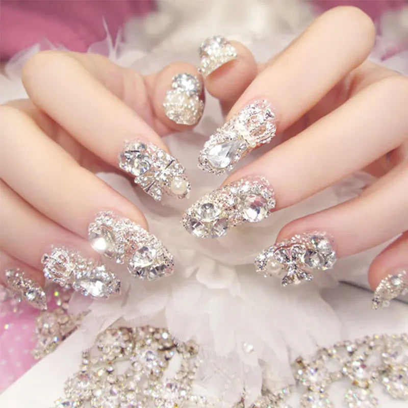Glitter Rhinestone Pearl Bow Press-On Nails – Long Square, 24 Pcs