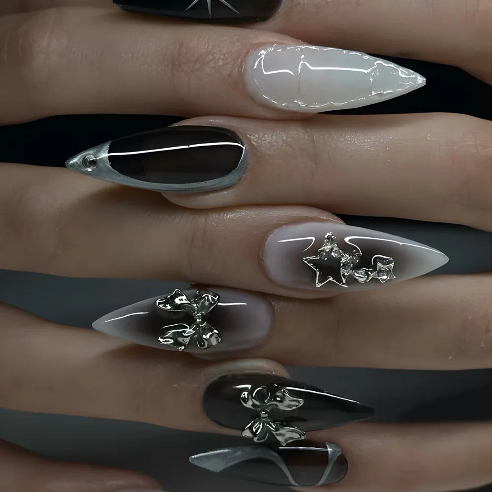Black Ombre Gothic Metal Heart Press-On Nails – Long Stiletto, 24 Pcs