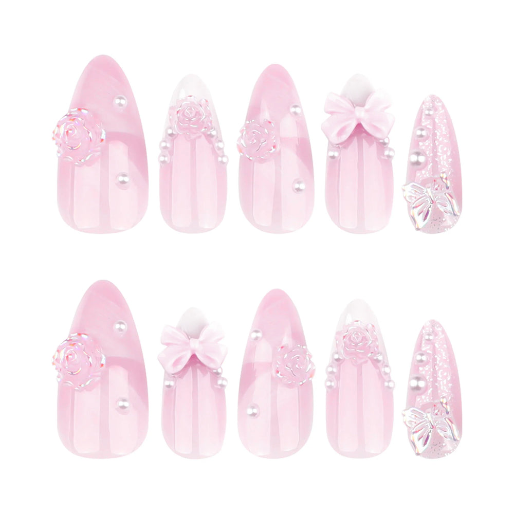 White French Tip Flowers & Bows Press-On Nails – Almond, 24 Pcs