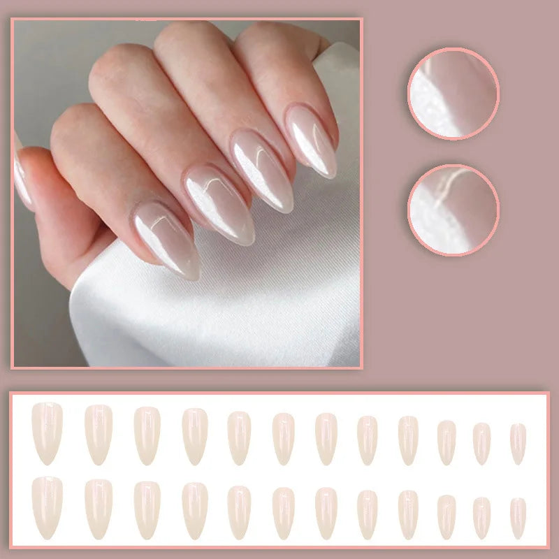Medium fake nails for women gilrs french Minimalist style pearl shimmer surface Almond nail tips press on false nail art set