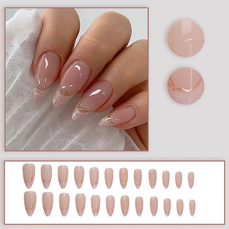 24pcs/set Medium fake nails for women girls almond nail art tips nude red french style golden strips press on false nail art