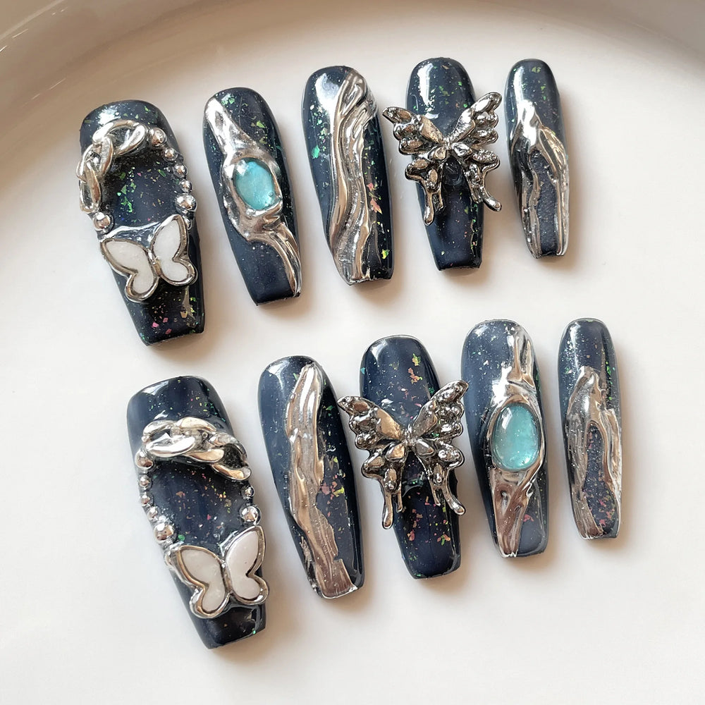 Black Chain & Butterfly Punk Handmade Press-On Nails – Long Coffin, 10 Pcs