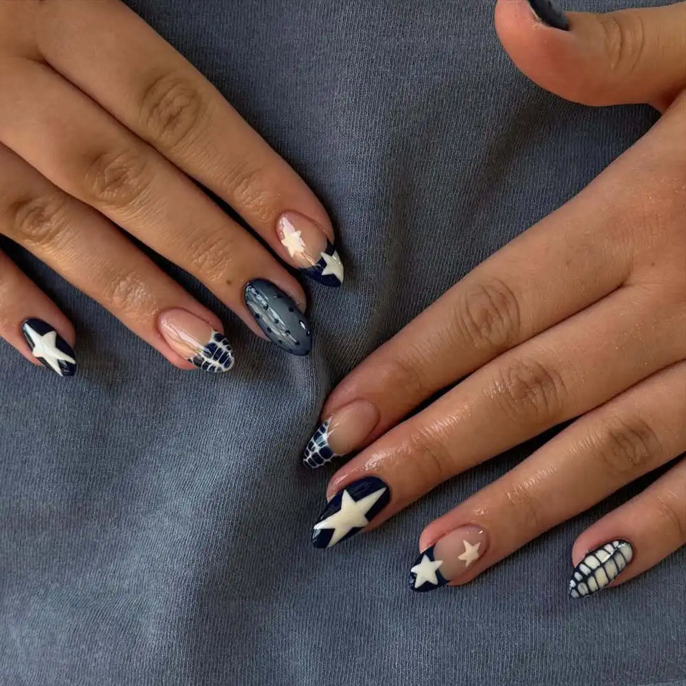 Colorful Star & Stripe French Y2K Press-On Nails – Almond, 24 Pcs