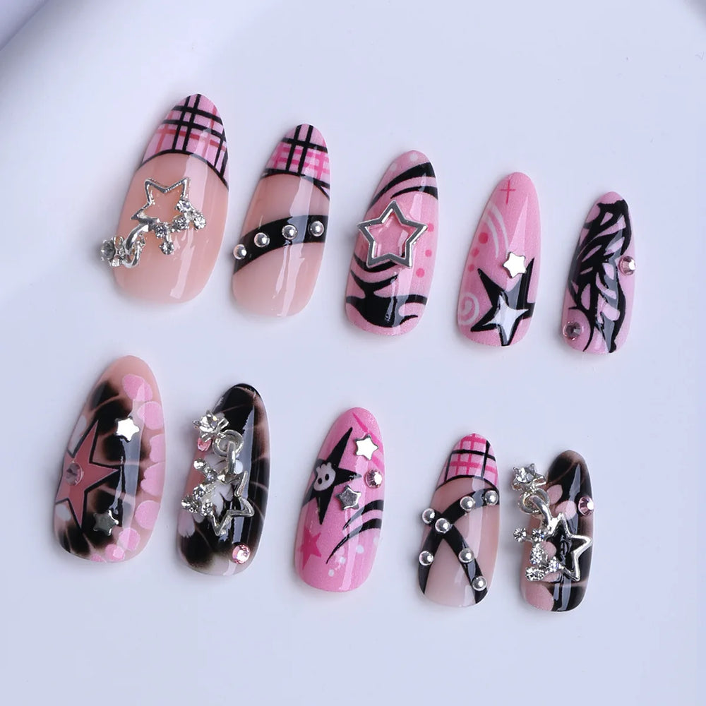 Pink Glossy Y2K Metal Star French Press-On Nails – Almond, 24 Pcs