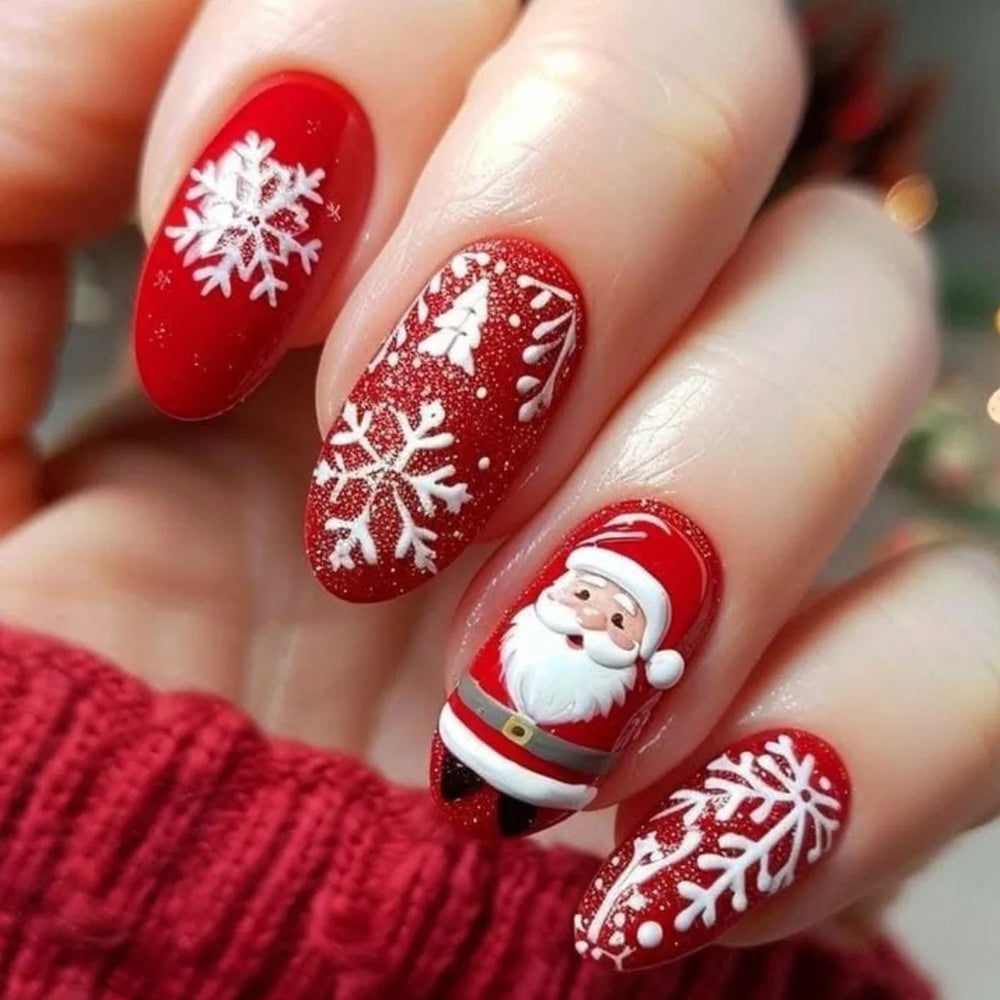 Christmas Bear & Santa Plaid Press-On Nails – Short Oval, 24 Pcs