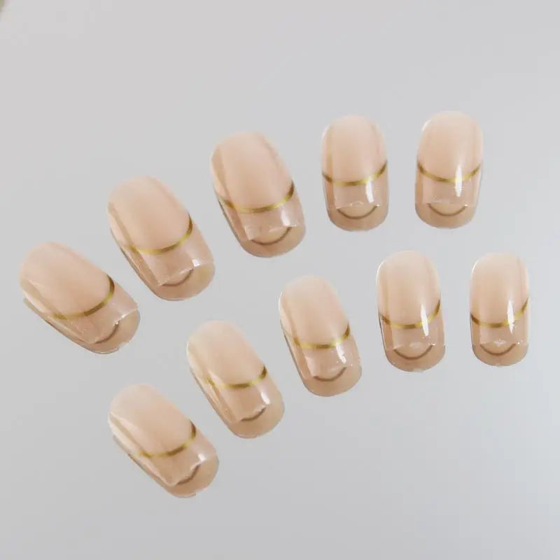 Nude square fake nails with sparkling shimmer nail tips french golden strips design full cover reusable press on Artificial Nai