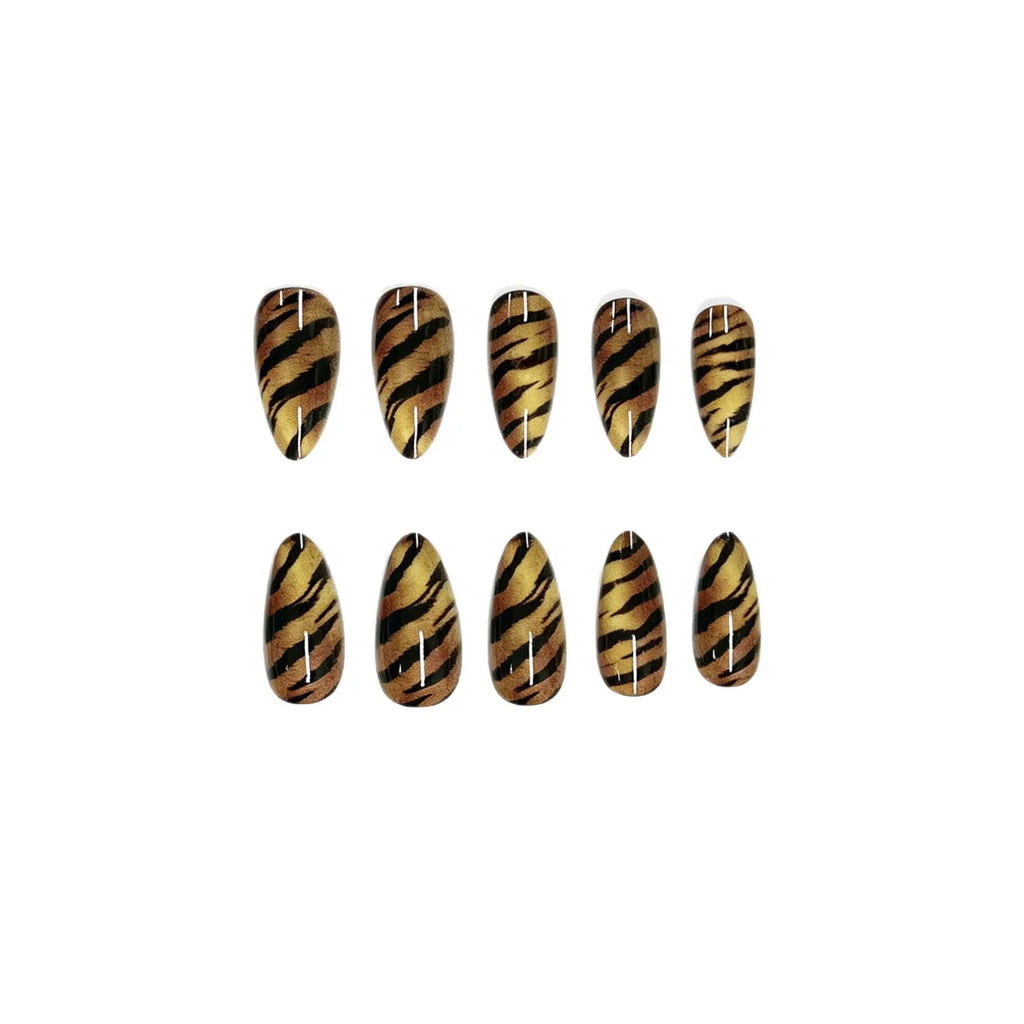 Medium fake nails for women Yellow black tiger strips printing glossy almond nail tips full cover press on false nail art set