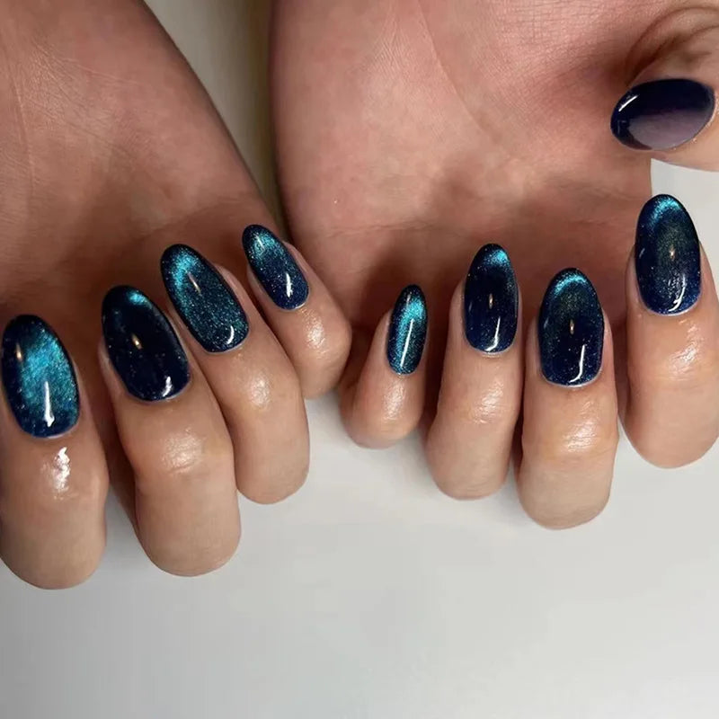 Medium fake nails for women girl gradient blue purple Glossy Almond nail art tips full cover acrylic press on false nail art set