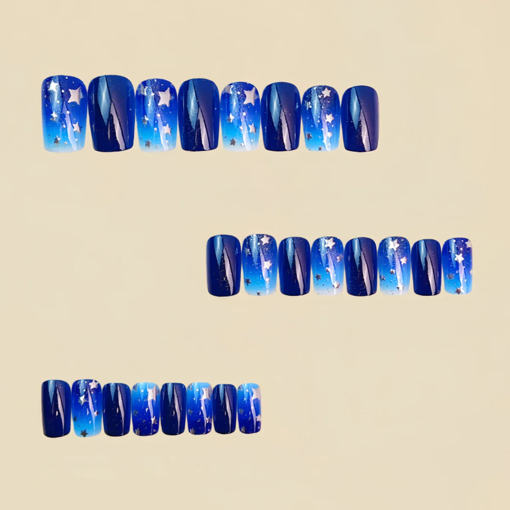 Medium fake nails for women gradient blue starry sky silver star moon full cover Square almond nail tips press on false nail art