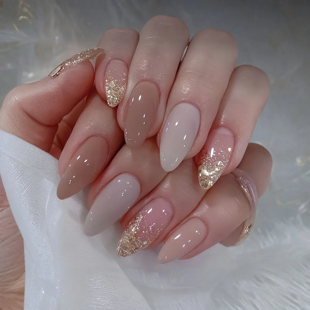 24pcs/set Medium long fake nail for Autumn Winter fashion maple leaves flowers brown green white pink tips press on false nail