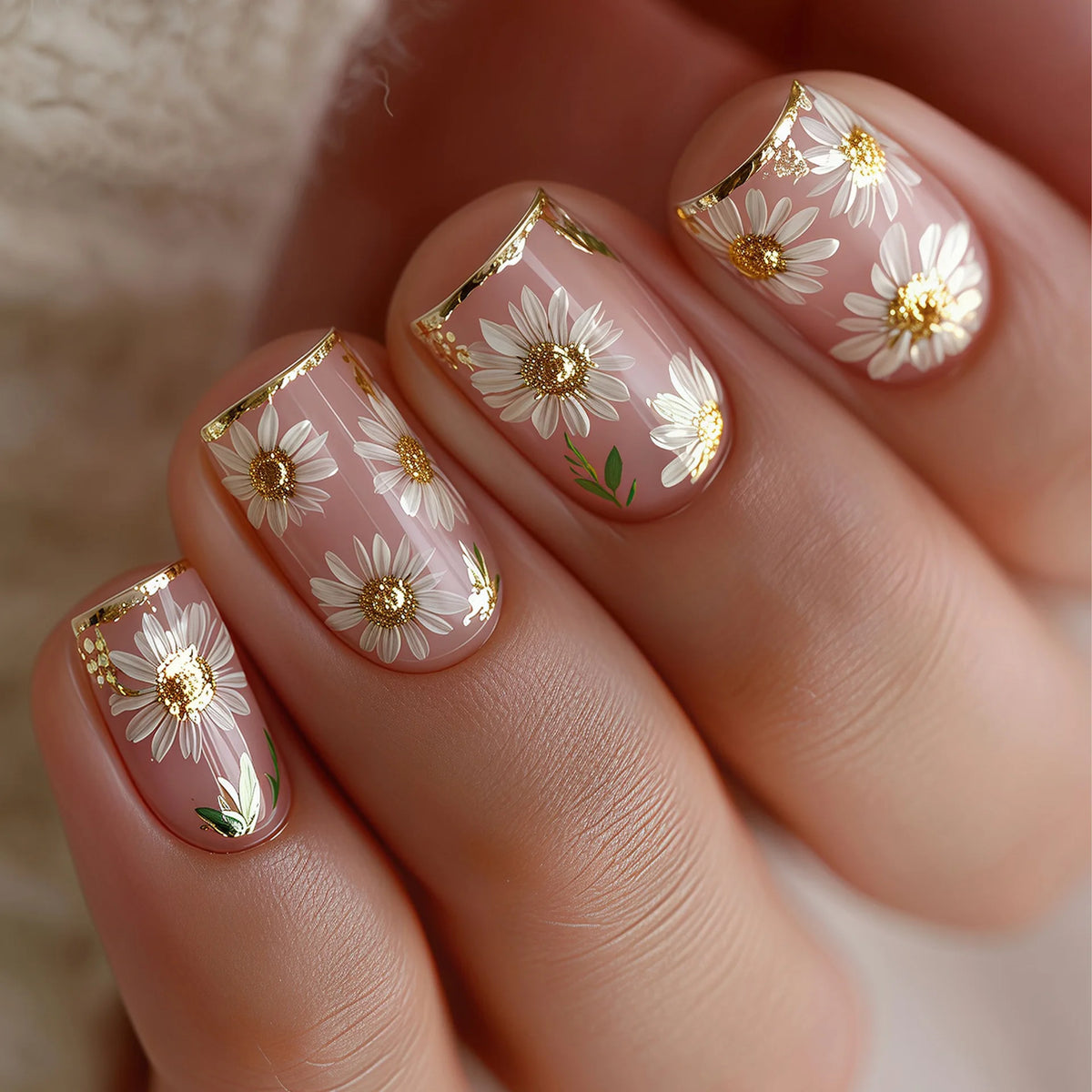 Short Square Fake Nails Golden White Flowers with Strips Frame for Spring Summer French Style Full Cover Press On Acrylic Nail