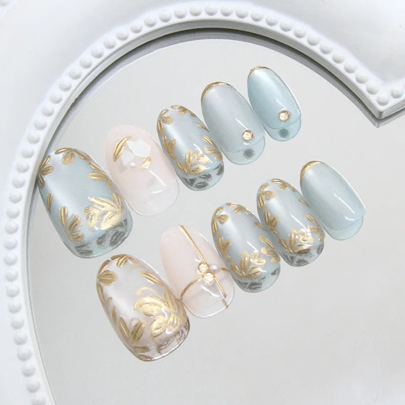 3D Gold Gilded Flower Nude Blue Cat Eye Oval Press-On Nails – Short