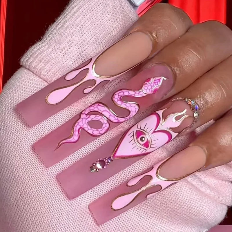 Medium long fake nails Pink blue heart design for wedding Valentine's Day party Ballet square nail tips press on false nail