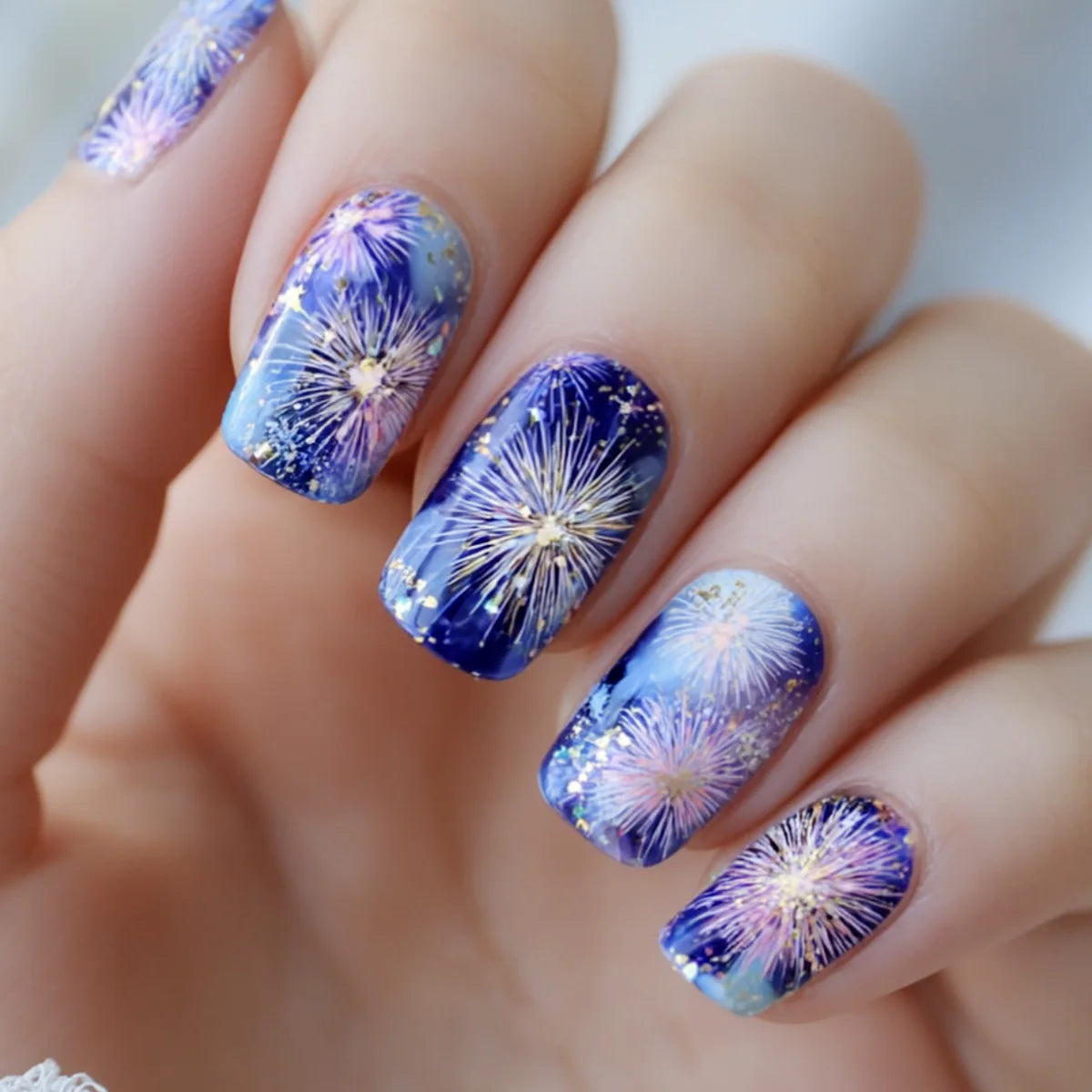 Short Medium fake nails for women girls Gradient purple pink blue flame Desert Sunset Cactus Y2K Square tips press on false nail