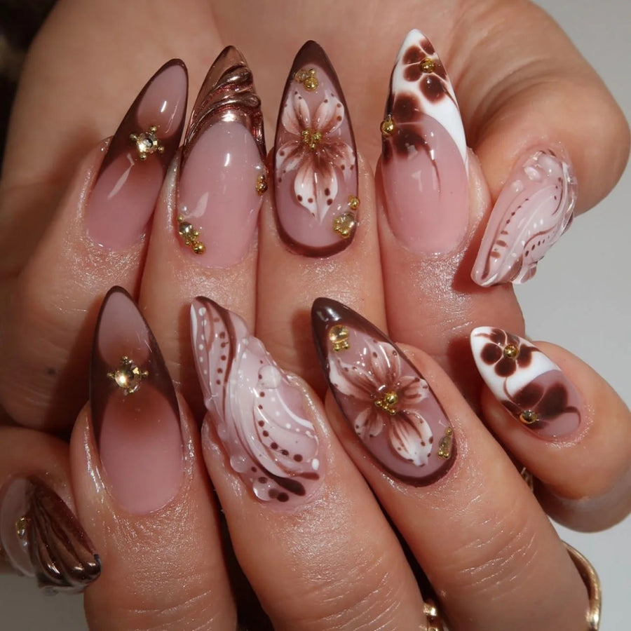 Nude Brown Blue Gradient Flower & Rhinestone Almond Press-On Nails – Medium, 24 Pcs