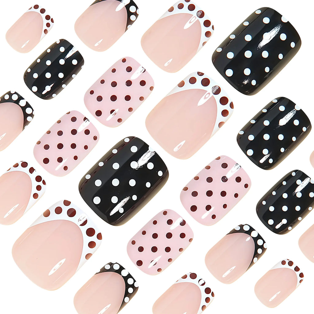Short Square fake nails for women girls cute pink black white colors fashion polka dots design french style press on false nail