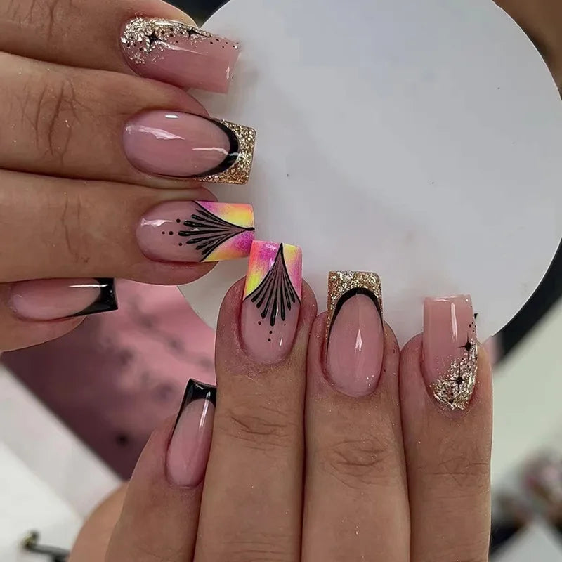 24pcs/set Short Medium Long fake nails golden brown silver sparkling glitter Square almond ballet tips press on false nail art