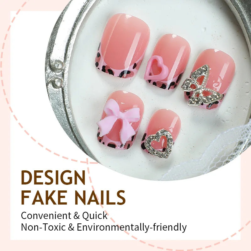 Leopard & Butterfly Bow French Press-On Nails – Square, 24 Pcs