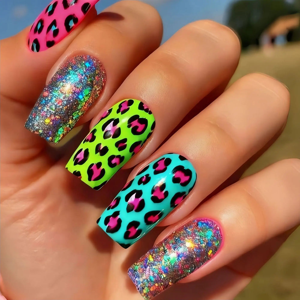 Brown Blue Green Leopard Ballet Press-On Nails – Short/Medium/Long Square, 24 Pcs
